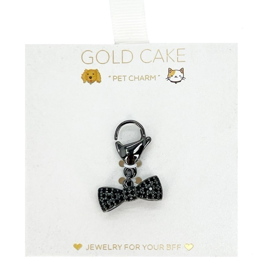 Pet Collar Charm Black Bow Tie Rhinestones Jeweled Jewelry Dog Cat Gold Cake NWT